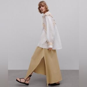 Massimo Dutti Limited Edition Cream Tan Maxi Skirt Long Sleeve Button Shirt Set